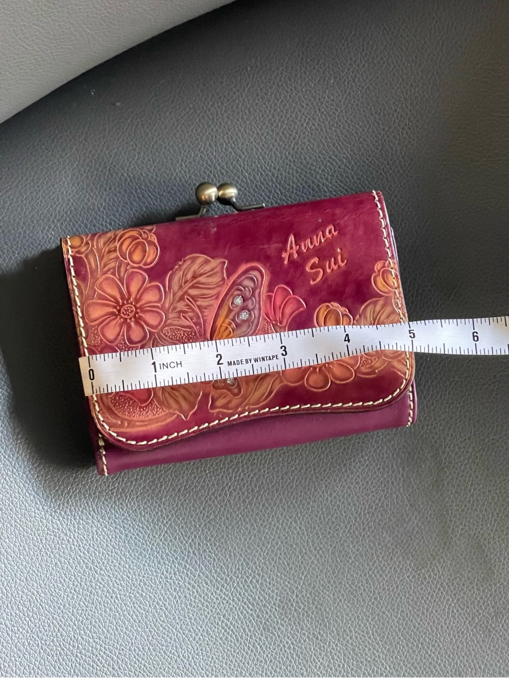 Anna Sui Embossed Floral Burgundy Leather Wallet with Kiss-Lock